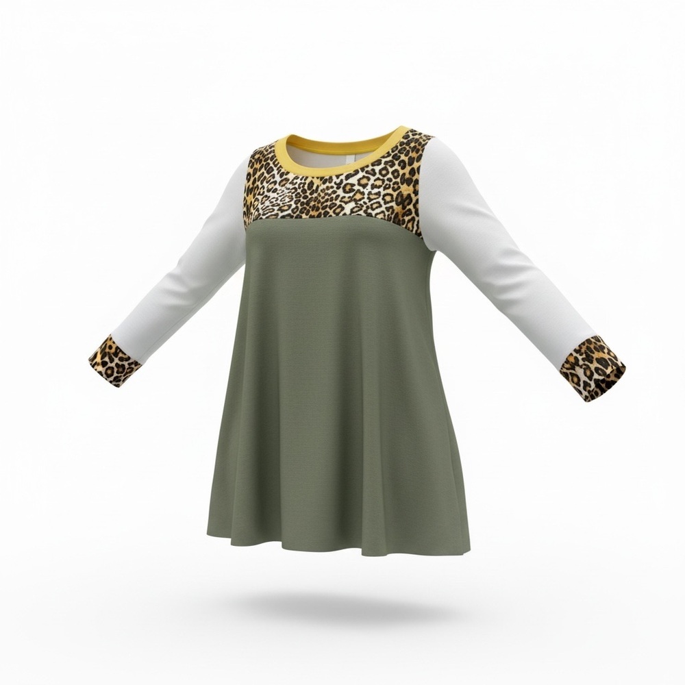 Emerald Olive and Leopard Print Long Sleeve Top